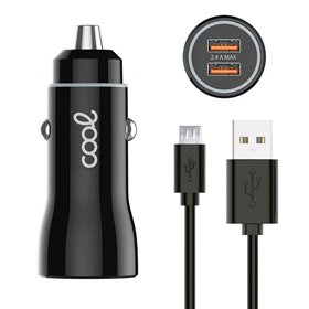 Carregador de carro Cabo MicroUsb (2 x USB) COOL 2.4A Kit 2 em 1 Preto