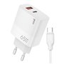 Carregador de rede duplo universal USB + PD Tipo-C + Cabo de carregamento COOL (GaN 65 W) Branco