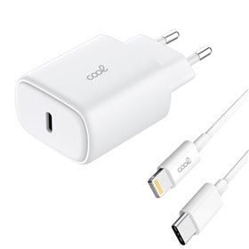 Carregador de Rede rápido universal (PD) Tipo C COOL (25 W) Branco + Cabo Tipo-C para Lightning