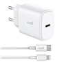 Carregador de Rede rápido universal (PD) Tipo C COOL (25 W) Branco + Cabo Tipo-C para Lightning