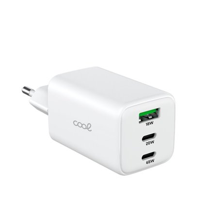 Carregador de Rede Universal Triplo (PD) 2 x Tipo-C + USB COOL (GaN 65 W) Branco