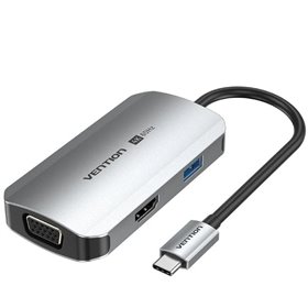 Dock USB Tipo-C Vention TQAHB, 1xHDMI, 1xUSB, 1xVGA, 1xUSB Tipo-C PD, Cinza
