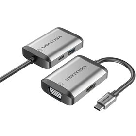 Conversor Vention TFAHB, 1xUSB, 1xHDMI, 1xVGA, 1xUSB Tipo-C PD, 15cm, Cinza