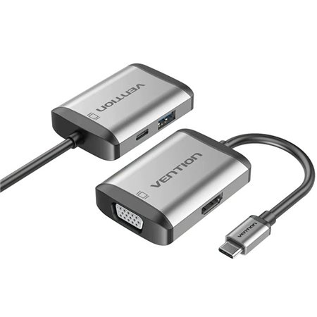 Conversor Vention TFAHB, 1xUSB, 1xHDMI, 1xVGA, 1xUSB Tipo-C PD, 15cm, Cinza
