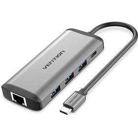 Dock USB Tipo-C Vention CNDHB, 1xHDMI, 3xUSB, 1xUSB Tipo-C PD, 1xRJ45, 1xLeitor de cartões, Cinza