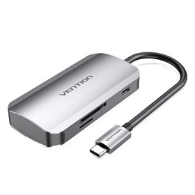 Dock USB Tipo-C Vention TNHHB, 3xUSB, 1xUSB Tipo-C PD, 1xLeitor de cartões SD e MicroSD, Cinza