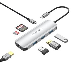 Dock USB Tipo-C Vention TOJHB, 1xHDMI, 3xUSB, 1xUSB Tipo-C, 1xLeitor de cartões, Cinza