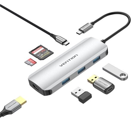 Dock USB Tipo-C Vention TOJHB, 1xHDMI, 3xUSB, 1xUSB Tipo-C, 1xLeitor de cartões, Cinza