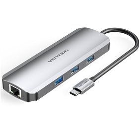 Dock USB Tipo-C Vention TOKHB, 1xHDMI, 3xUSB, 1xUSB Tipo-C PD, 1xRJ45, 1xLeitor de cartões SD e MicroSD, Cinza