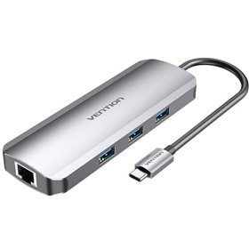 Dock USB Tipo-C Vention TOLHB, 1xHDMI, 3xUSB, 1xUSB Tipo-C PD, 1xRJ45, 1xLeitor de cartões SD, 1x MicroSD, Jack 3.5, Cinza