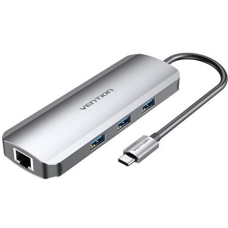 Dock USB Tipo-C Vention TOLHB, 1xHDMI, 3xUSB, 1xUSB Tipo-C PD, 1xRJ45, 1xLeitor de cartões SD, 1x MicroSD, Jack 3.5, Cinza