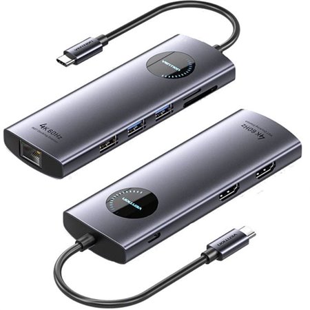 Dock USB Tipo-C Vention TQVHB, 2xHDMI, 3xUSB, 1xRJ45, 1xLector de Tarjetas, 1xUSB Tipo-C PD, Cinza