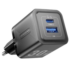 Carregador de Parede GaN Vention FEQB0-EU, 1xUSB Tipo-C, 1xUSB, 30W
