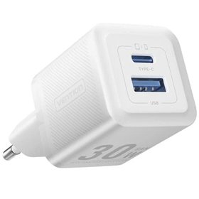 Carregador de Parede GaN Vention FEQW0-EU, 1xUSB Tipo-C, 1xUSB, 30W