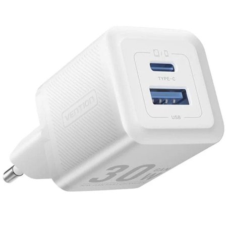 Carregador de Parede GaN Vention FEQW0-EU, 1xUSB Tipo-C, 1xUSB, 30W