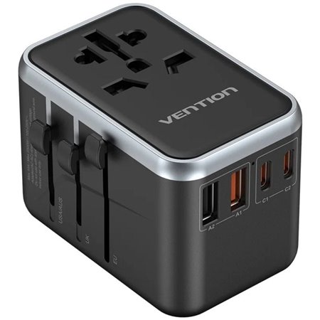 Carregador de Parede Universal GaN Vention FJFB0, Toma de Corrente Universal, 2xUSB Tipo-C, 2xUSB, 65W