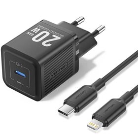 Carregador de Parede GaN Vention TZ-FEPB0-EU-02, 1xUSB Tipo-C + Cabo Lightning, 20W