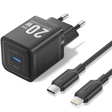Carregador de Parede GaN Vention TZ-FEPB0-EU-02, 1xUSB Tipo-C + Cabo Lightning, 20W