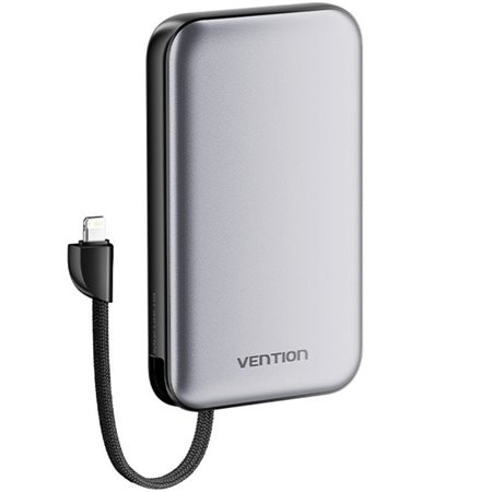 Powerbank 10000mAh Vention I12IA, 20W, Preta, Inclui Cabo USB Tipo-C e Lightning
