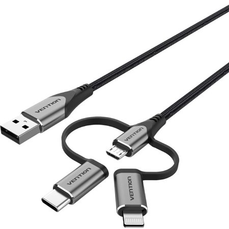 Cabo USB 2.0 Tipo-C Vention CQJHG, USB Macho, USB Tipo-C Macho - MicroUSB Macho - Lightning Macho, 480Mbps, 1.5m, Cinza
