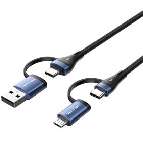 Cabo USB 2.0 Tipo-C Vention CTLLF, USB Tipo-C Macho - USB Macho, MicroUSB Macho - USB Tipo-C Macho, Até 100W, 480Mbps, 1m, Preto